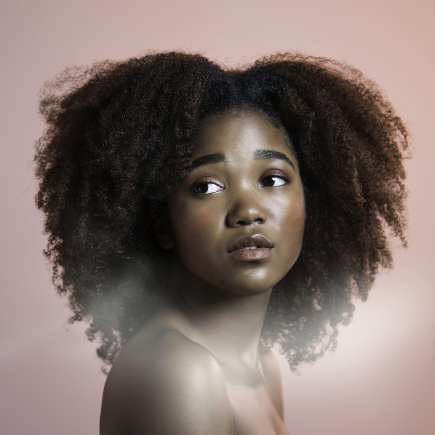 Portrait of a woman with a full natural afro against a soft rose background