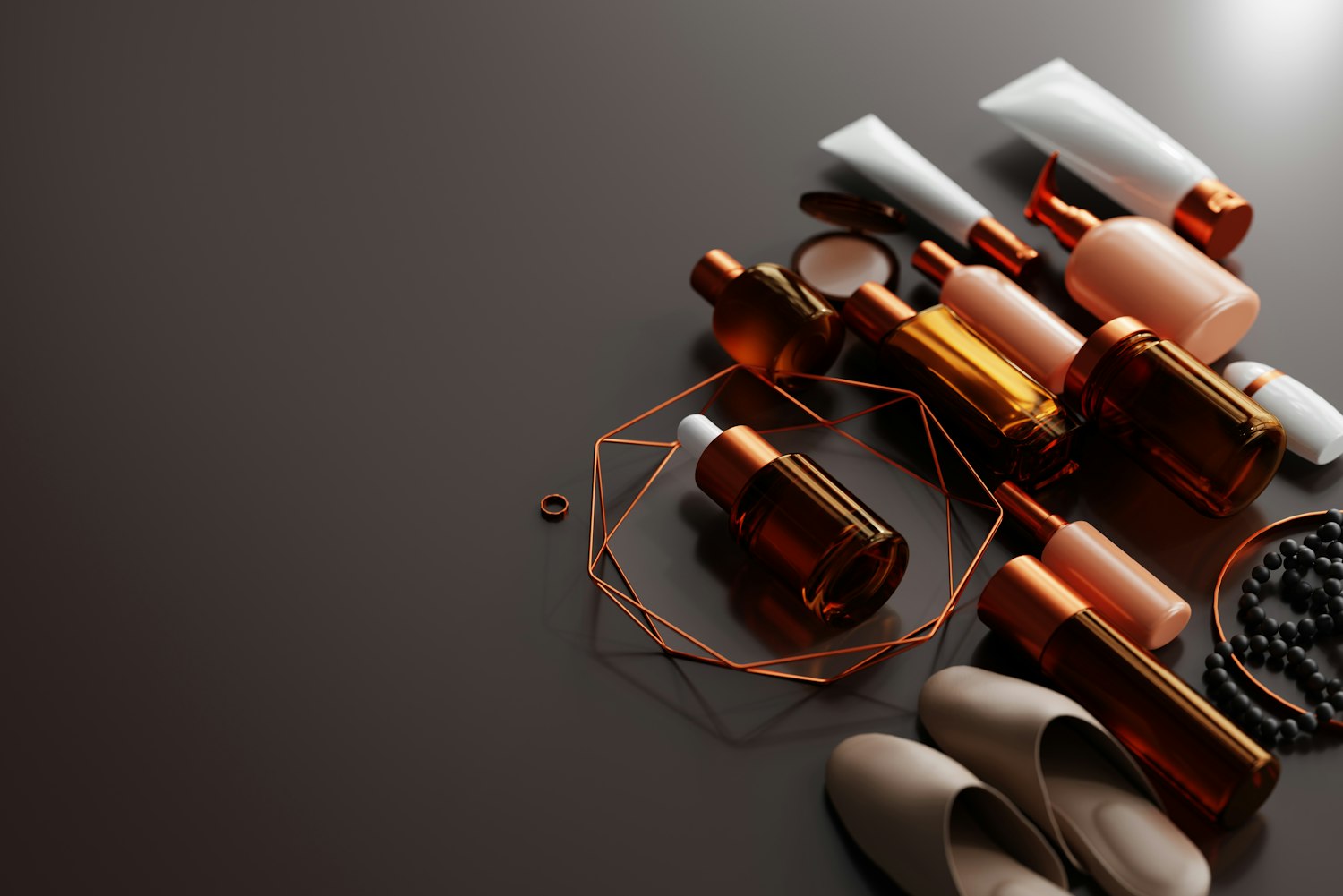 Skincare bottles arranged on a dark surface under warm directional light
